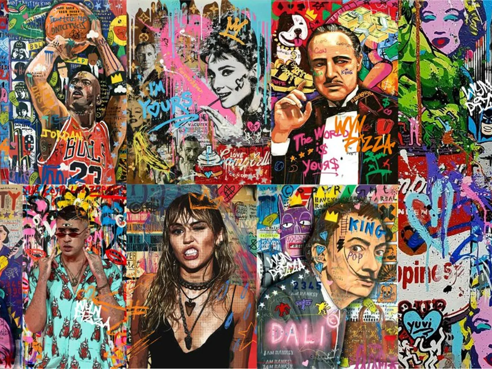 The pop-art celebrity mural at Wyn Pizza