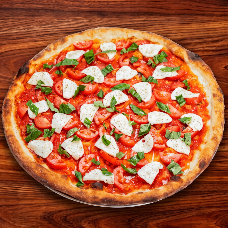 Margherita pizza topped with sliced tomatoes, mozzarella, and fresh basil on a wooden table.