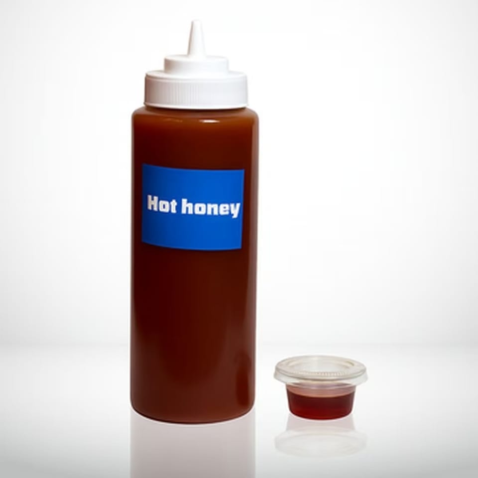 Squeeze bottle labeled “Hot honey” beside a small open cup of reddish honey on a white surface.