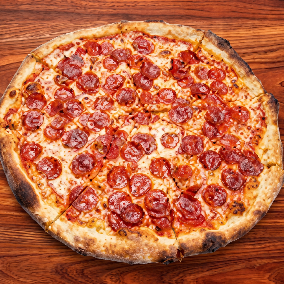 Pepperoni pizza with melted cheese and a charred crust on a wooden tabletop.