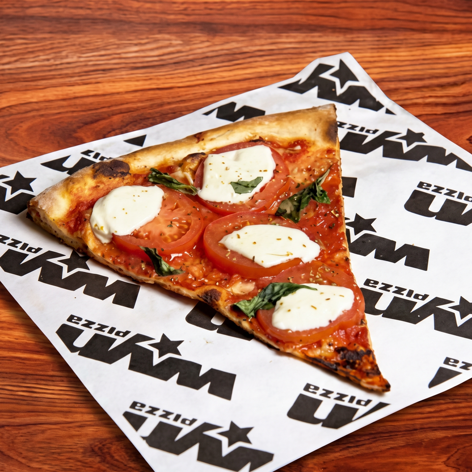 Margherita pizza slice topped with tomato, fresh mozzarella, basil, and herbs on branded paper over a wooden table.