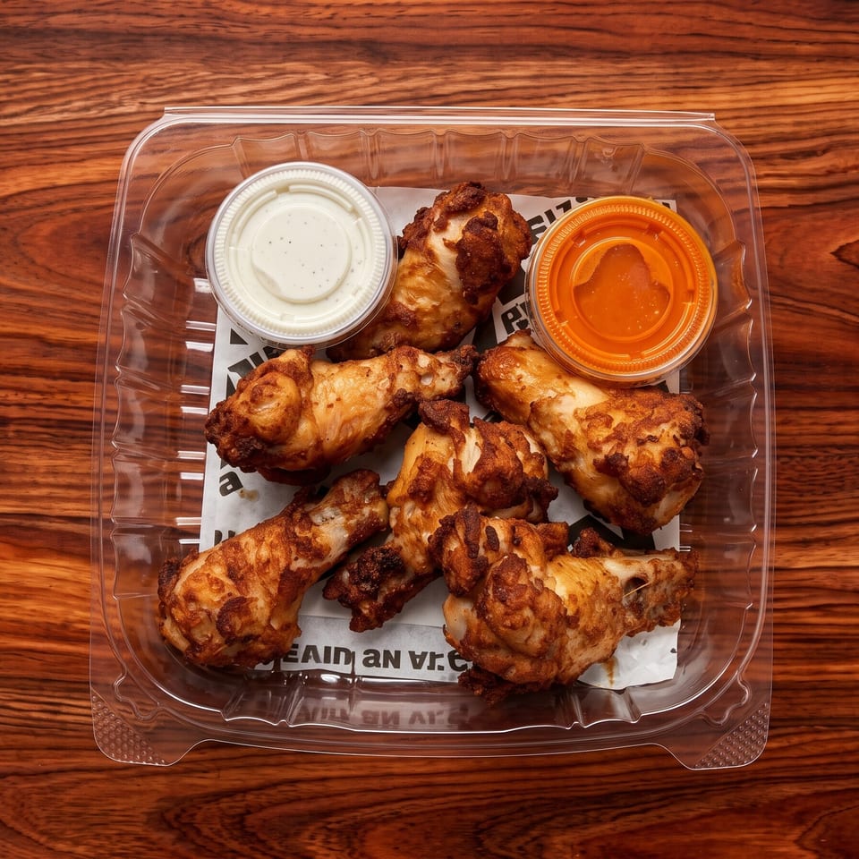 Crispy fried chicken wings in a clear takeout container with ranch and buffalo dipping sauces on a wooden table.