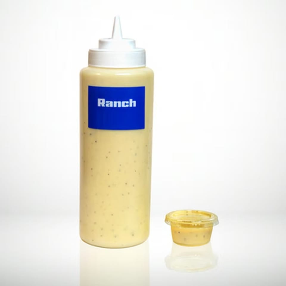 Squeeze bottle labeled “Ranch” beside a small cup of creamy ranch dressing on a white surface.