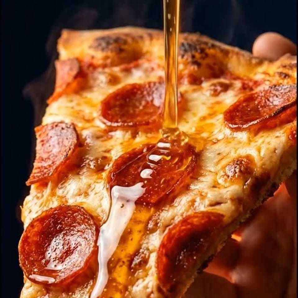 Close-up of a pepperoni pizza slice drizzled with golden honey, held against a dark background with Wynn Pizza branding.