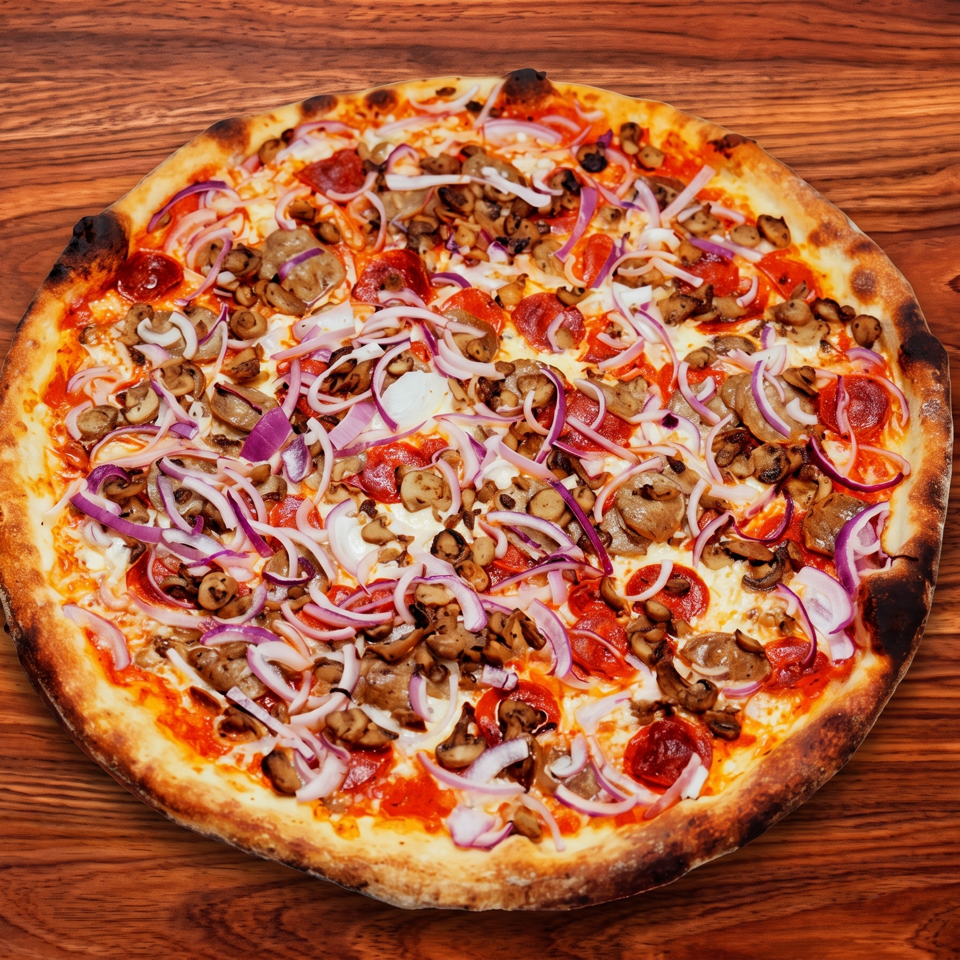 Large thin-crust pizza topped with pepperoni, sausage, mushrooms, red onions, peppers, and melted cheese on a wooden table.
